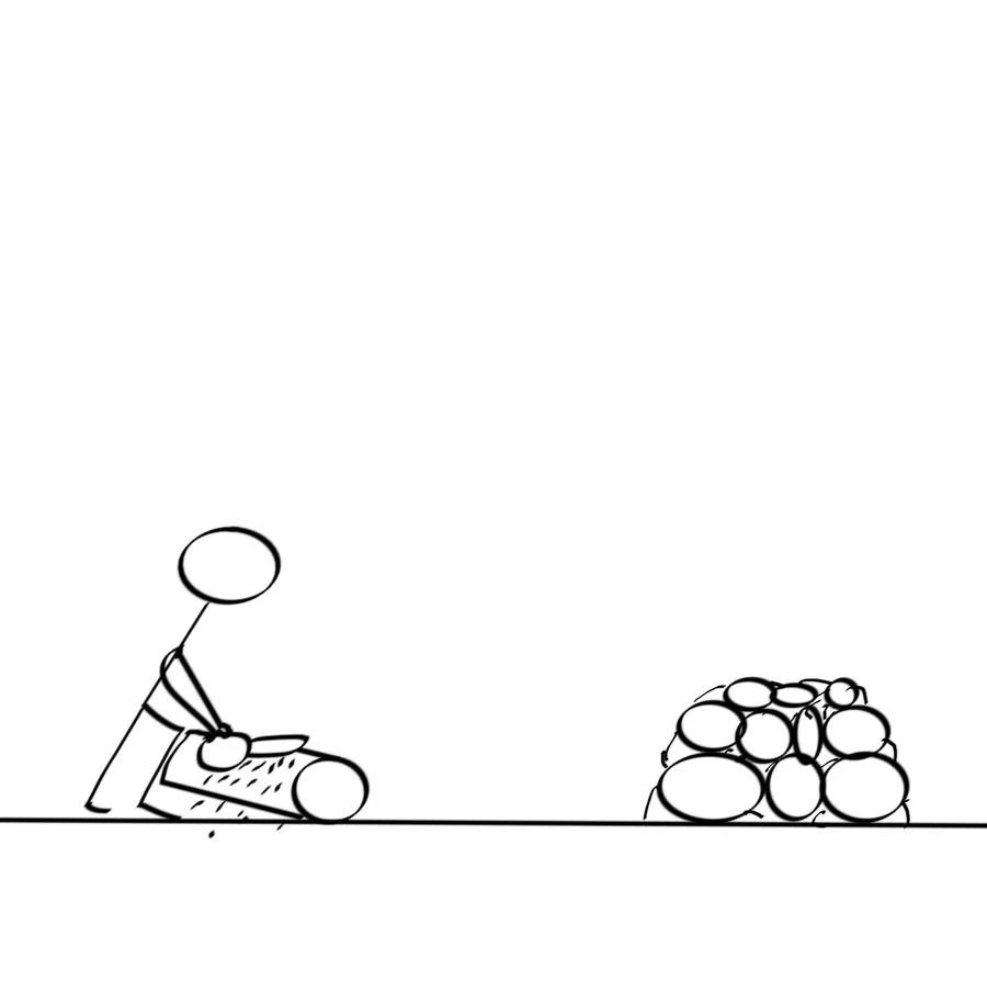 Stick figure illustration of cutting pieces into firewood.