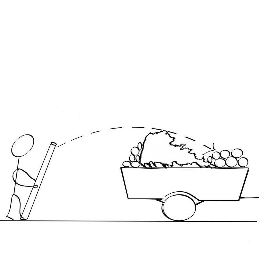 Stick figure illustration of green waste removal.