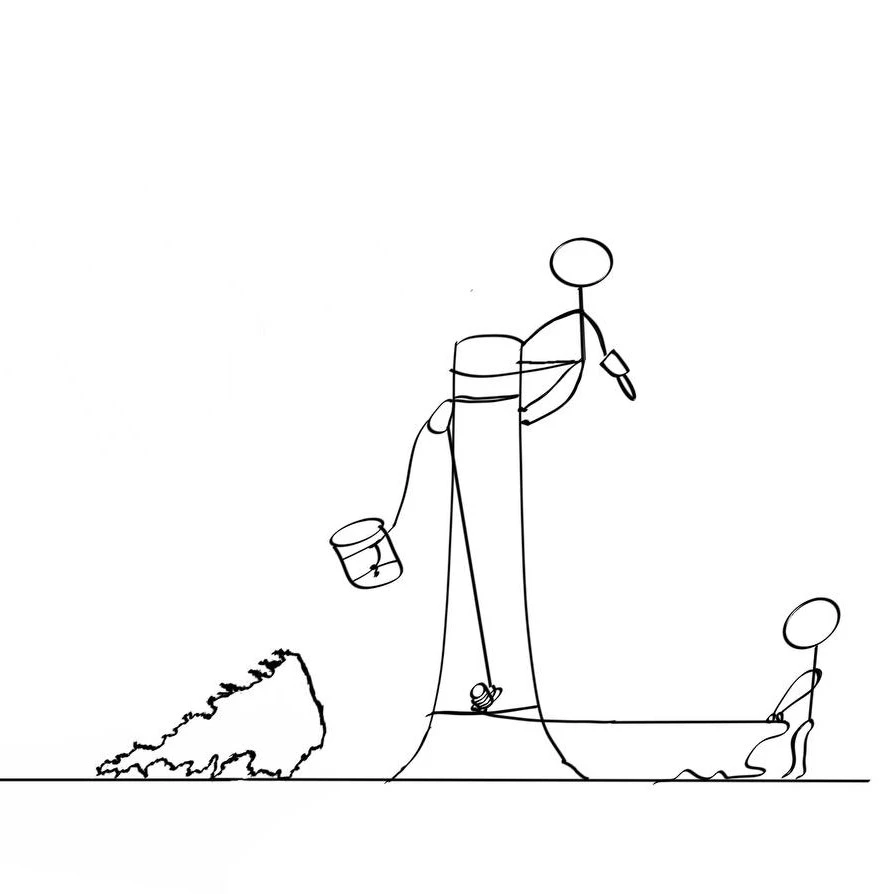 Stick figure illustration of impactless tree felling.